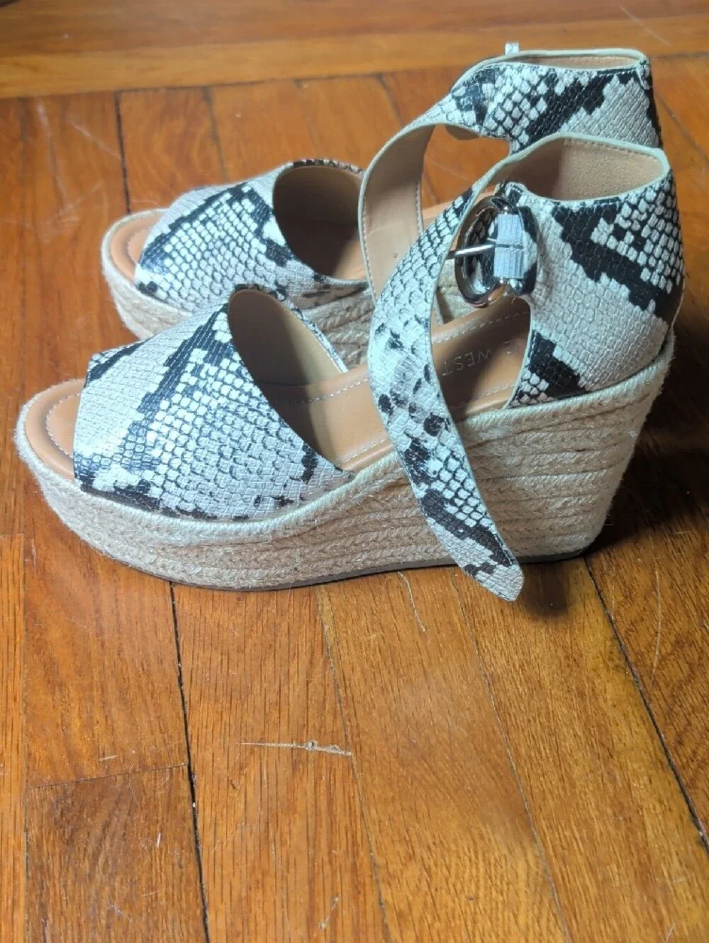 Snake-Print Espadrille Wedge Sandals in Black & White